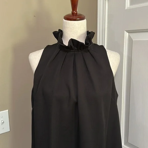 Umgee Ruffle Neck A-line Sleeveless Mini Dress with Bow Tie in Black - Picture 2 of 8